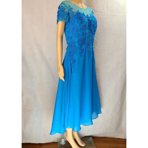 New Mother of the Bride (12) Deep Sky Blue Chiffon Embroidery Hi-Low Midi Dress - Picture 9 of 10